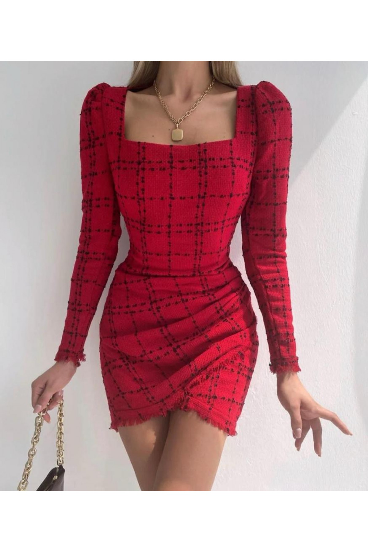 Tüvit Mini Elbise-Kırmızı